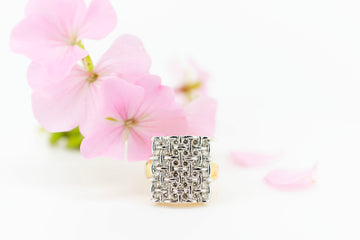 18ct Yellow and White Gold Crosshatch Pattern with Diamonds Ring and Pendant Set #213597