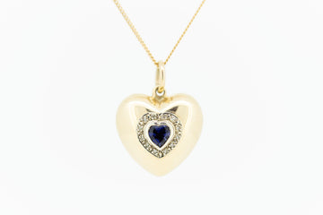 9ct Yellow Gold Hollow Heart Pendant with Heart Shaped Blue Sapphire with Accent Diamonds and Chain #234927