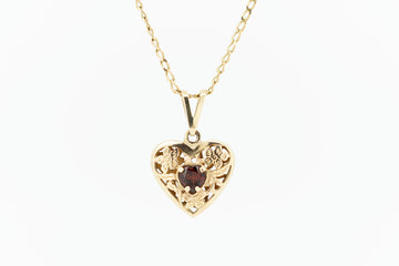 9ct Yellow Gold Love Heart Pendant with Garnet Stone and Necklace Chain #235497