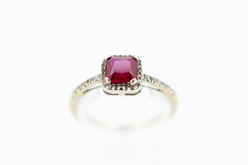 18ct White Gold Square Set Halo Ruby Ring with Channel Set Double Row of Accent Diamonds on Shoulder #245910