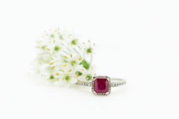 18ct White Gold Square Set Halo Ruby Ring with Channel Set Double Row of Accent Diamonds on Shoulder #245910