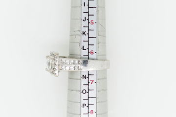 18ct White Gold Square Set Halo Diamond Ring with Channel Set Double Row of Accent Diamonds on Shoulder #254957