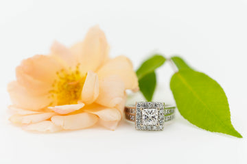 18ct White Gold Square Set Halo Diamond Ring with Channel Set Double Row of Accent Diamonds on Shoulder #254957