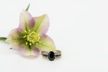 9CT Yellow Gold Ring With Black Agate and Diamond #26890-2