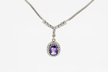 14CT WHITE GOLD NECKLACE WITH DIAMOND AND AMETHYST PENDANT