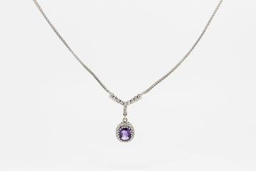 14CT WHITE GOLD NECKLACE WITH DIAMOND AND AMETHYST PENDANT