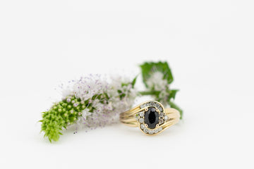 9ct Yellow Gold Ring with Oval Dark Blue Sapphire and Channelled Accent Diamonds #27360