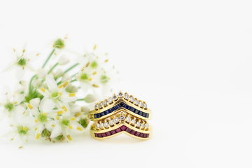 18ct Yellow Gold double Rings Joined Together with Diamonds, Ruby's & Sapphire's #273925
