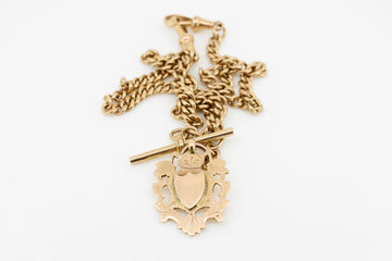 9ct Yellow Gold Vintage Fob Chain with Shield and T-Bar - Antique Hall Marks - #27597