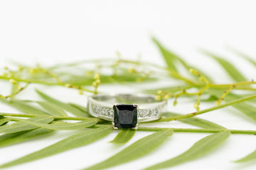 18CT White Gold Ring with Blue Square Sapphire and Diamonds #27636