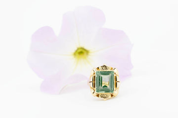 14ct Yellow Gold Square Cut Green Elbaite Tourmaline Ring #27899-9