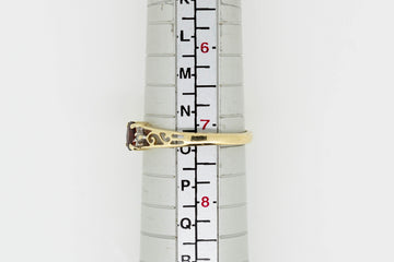 10ct Yellow Gold Ring With Filigree, Center Garnet in Prong Setting With Two Accent Diamonds #28016