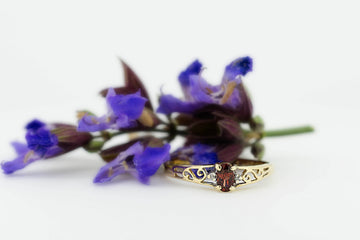 10ct Yellow Gold Ring With Filigree, Center Garnet in Prong Setting With Two Accent Diamonds #28016