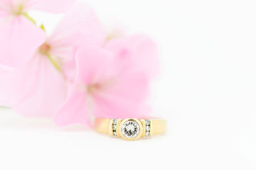 18ct Yellow Gold Bezel Set Diamond Solitaire Ring With Side Accent Diamonds #37459-8