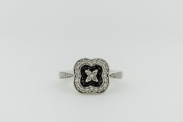 9ct White Gold Diamonds in Floral Shaped-Halo Ring with Black Obsidian Accent Stones #9349