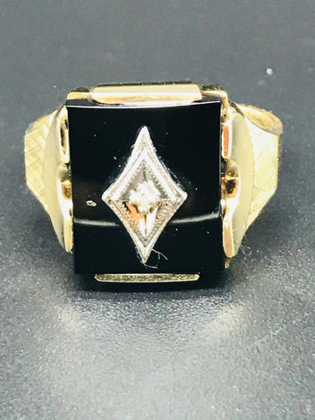 10ct Yellow Gold Men's Onyx & Diamond Signet Ring #1147