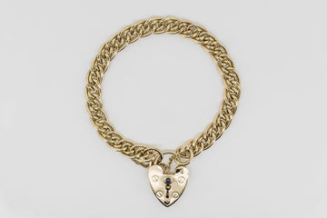 9CT GOLD ANTIQUE BRACELET WITH SAPPHIRE AND DIAMOND ON HEART LOCKER