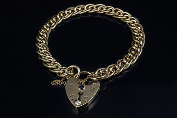 9CT GOLD ANTIQUE BRACELET WITH SAPPHIRE AND DIAMOND ON HEART LOCKER