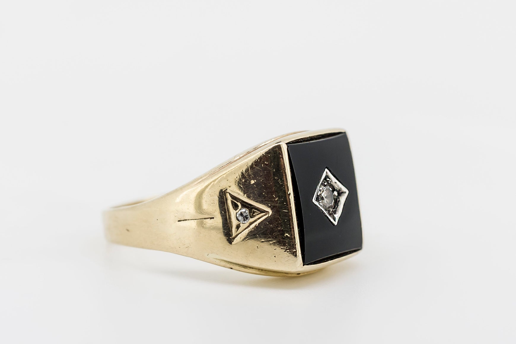 9ct Yellow Gold Large Retro Black Onyx and Diamond Men's Signet