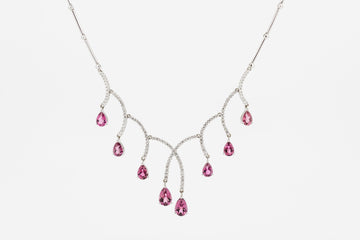 18ct White Gold Necklace with Diamonds and Pink / Red Glass Stones