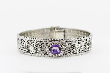 14CT WHITE GOLD BRACELET WITH DIAMOND AND AMETHYST PENDANT