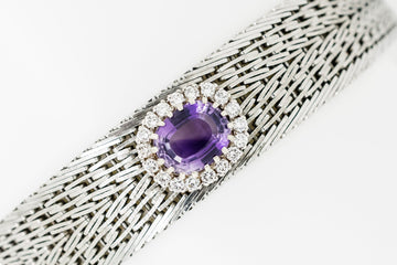 14CT WHITE GOLD BRACELET WITH DIAMOND AND AMETHYST PENDANT