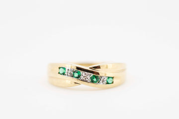 9ct Gold Ring with Green Emeralds and Diamonds