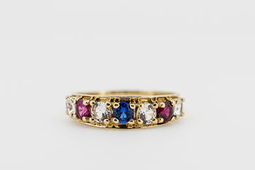 9CT GOLD RING WITH MULTI COLOURED SIMULANT STONES