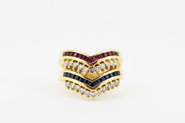 Double 18ct gold rings joined together. Diamonds and Sapphires, and Diamonds and Rubys.