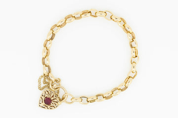 GOLD BRACELET WITH HEART LOCKER IN 9CT GOLD WITH GARNET STONE