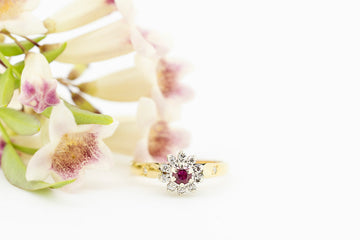 18ct Yellow Gold Ring with Solitaire Ruby Surrounded by Diamonds #27783-1