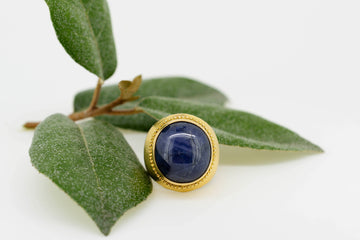 9ct Yellow Gold Blue Polished Stone Cocktail Ring With Thick Band Detailed by Filigree #27898-1