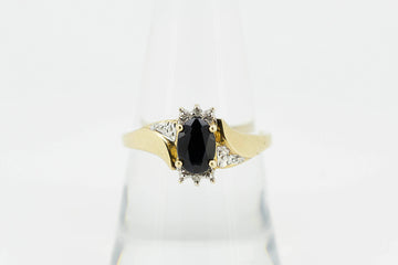 9ct Yellow Gold Ring With Oval Dark Sapphire With Accent Diamonds #27898-5