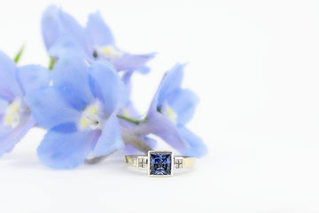 9ct Yellow Gold Square Cut Blue Sapphire & Diamond Ring #27898-8