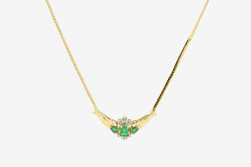 10ct Yellow Gold Flat Chain and Emerald and Diamond Pendant Necklace #28030