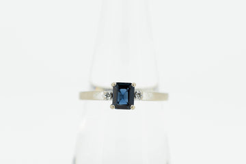 14ct White Gold Ring With Square Blue Sapphire in Prong Setting With Small 2 Accent Diamonds #28102-3