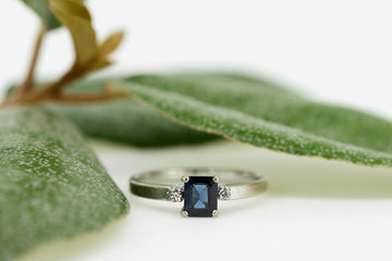 14ct White Gold Ring With Square Blue Sapphire in Prong Setting With Small 2 Accent Diamonds #28102-3