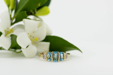 9ct Yellow Gold Trilogy Bezel Set Aquamarine Ring With Diamond Accent Stone  #28106