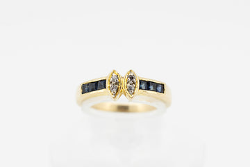 14ct Yellow Gold Dark Blue Sapphires in Square Channel Setting with Center Diamond Accent Stones #28134-1