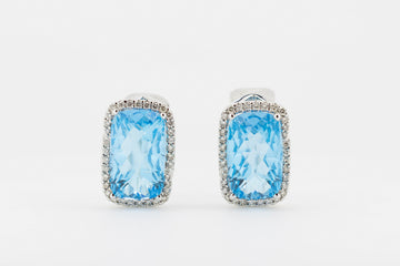 18ct White Gold Cushion Cut Blue Topaz and Brilliant Cut Diamond Earrings #28134