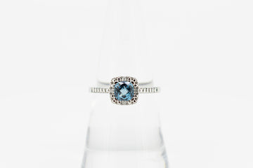 9ct White Gold Aquamarine Square Halo Ring With Side Channel Set Diamonds #28135-1