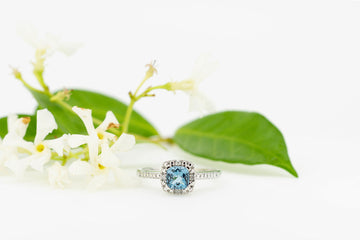 9ct White Gold Aquamarine Square Halo Ring With Side Channel Set Diamonds #28135-1