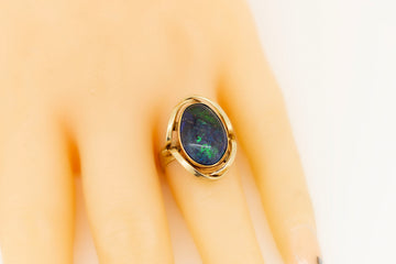 9ct Yellow Gold Filigree Dark Blue Opal Ring #8361