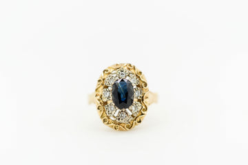 14ct Yellow Gold Dark Blue Sapphire and Diamond Ring with Filigree #8365