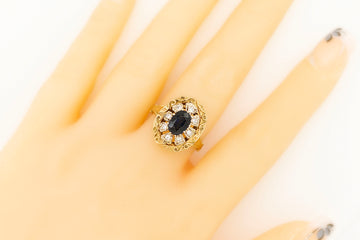 14ct Yellow Gold Dark Blue Sapphire and Diamond Ring with Filigree #8365