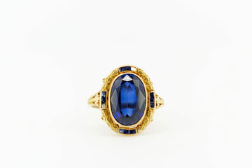 18ct Yellow Gold Antique Blue Sapphire Ring with Filigree #8366