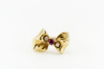 9ct Yellow Gold Ribbon and Bow Ruby and Diamond Ring #8374