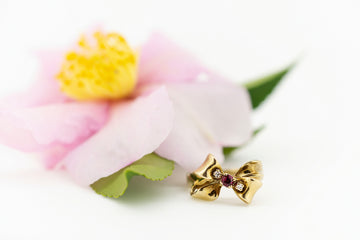 9ct Yellow Gold Ribbon and Bow Ruby and Diamond Ring #8374
