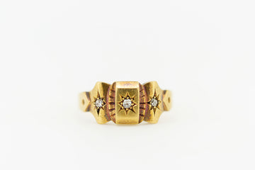 18ct Yellow Gold 3-Panel Face Signet Ring With Star-Flush-Set Diamonds  #9375