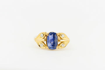 20ct Yellow Gold Blue Sapphire with Accent Diamonds in Leaf Setting #8379